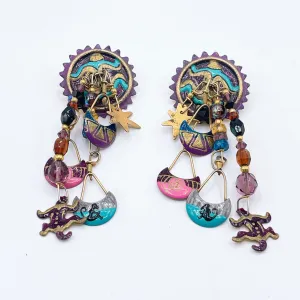 Lunch At The Ritz Vintage Artisan Earrings Sunburst Design Colorful Dangles & Charms