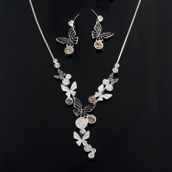 LUX Enamel Butterfly Necklace Earrings Set with Swarovski Rhinestones