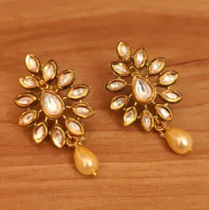 MARQUESE SHAPED KUNDAN POLKI & PEARL EARRINGS