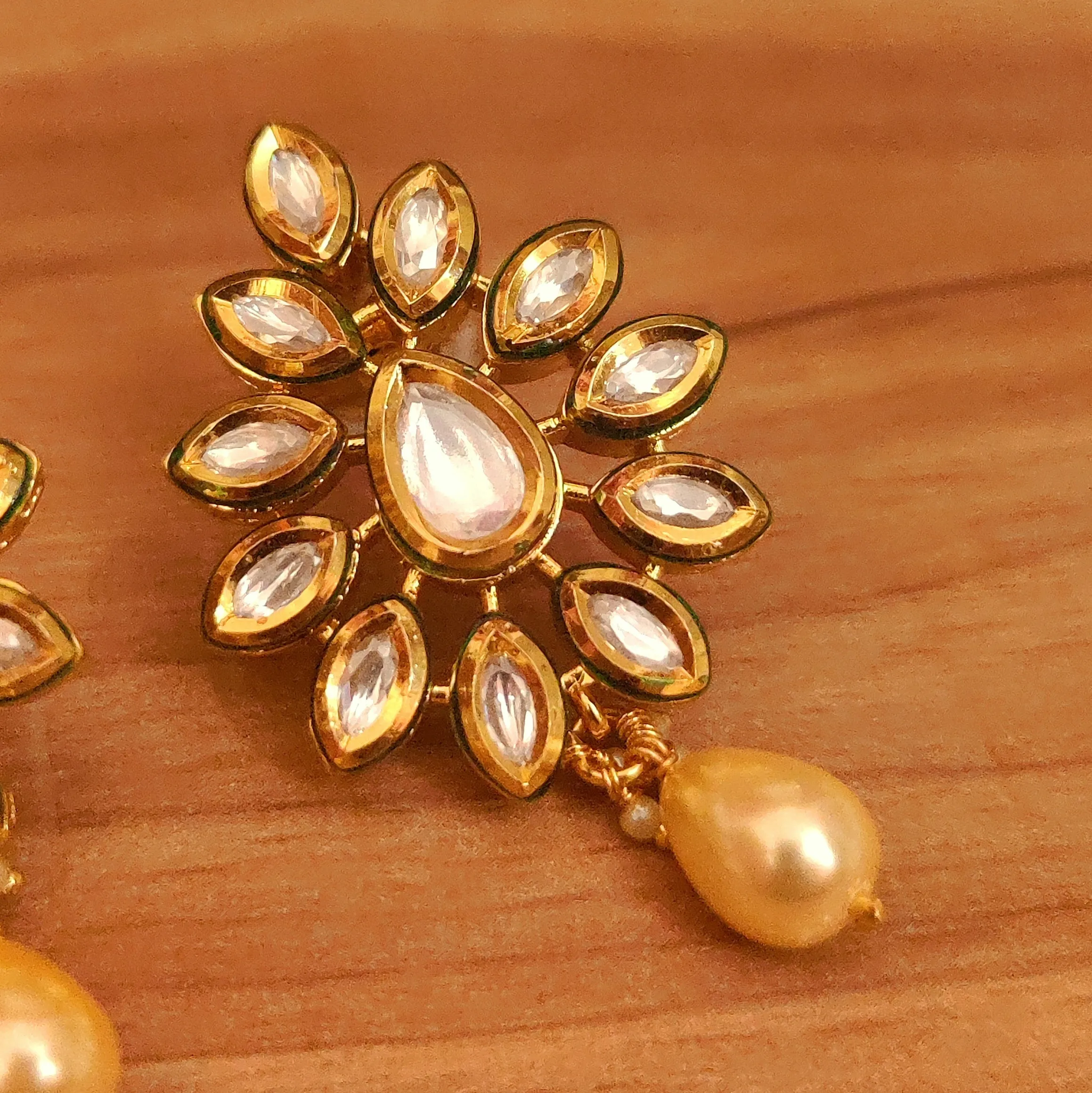 MARQUESE SHAPED KUNDAN POLKI & PEARL EARRINGS