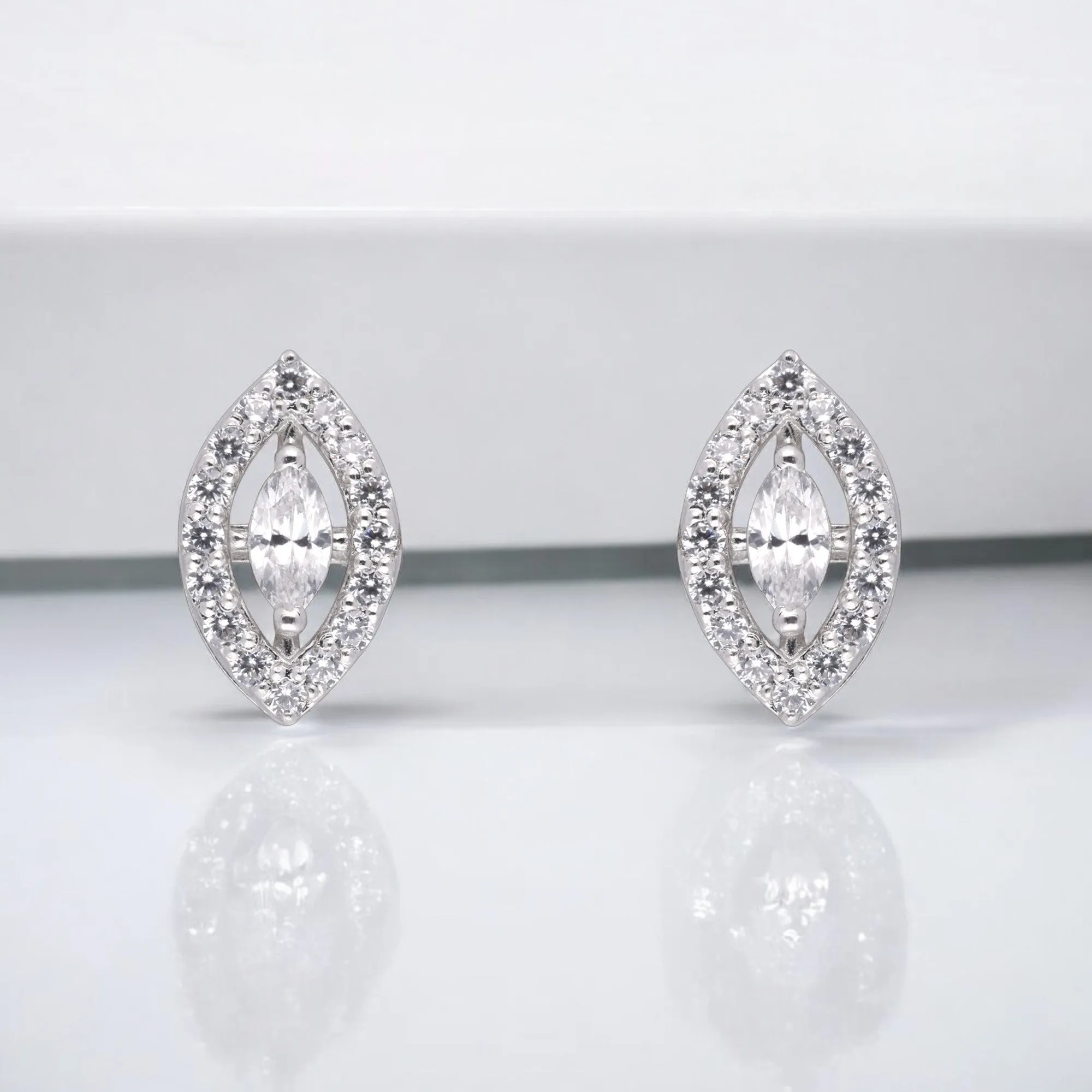 Marquise Halo Diamond Stud Earrings in Silver  | SKU : 0003535387