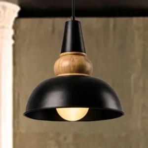 Metal and Wood Ceiling Pendant - Modernist Style Living Room Hanging Light in Black
