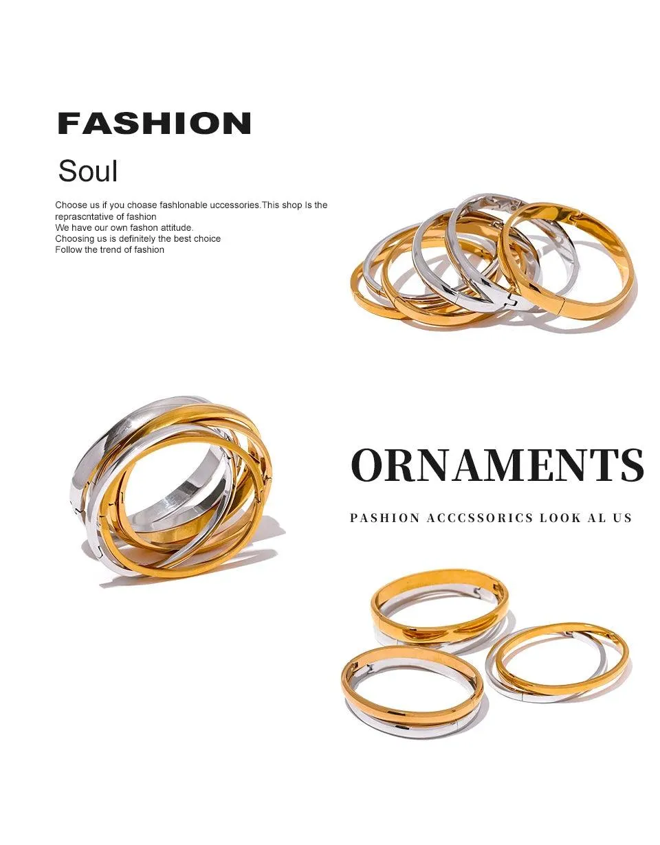 Minimalist 18k Gold Colour Texture Charm 60mm Waterproof 316L Stainless Steel Round Smooth Bracelet Bangles for Women