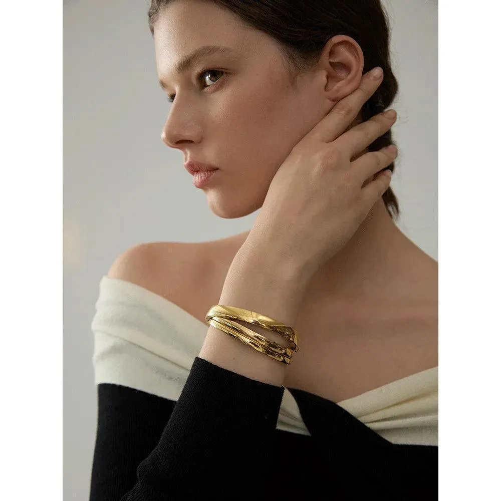 Minimalist 18k Gold Colour Texture Charm 60mm Waterproof 316L Stainless Steel Round Smooth Bracelet Bangles for Women