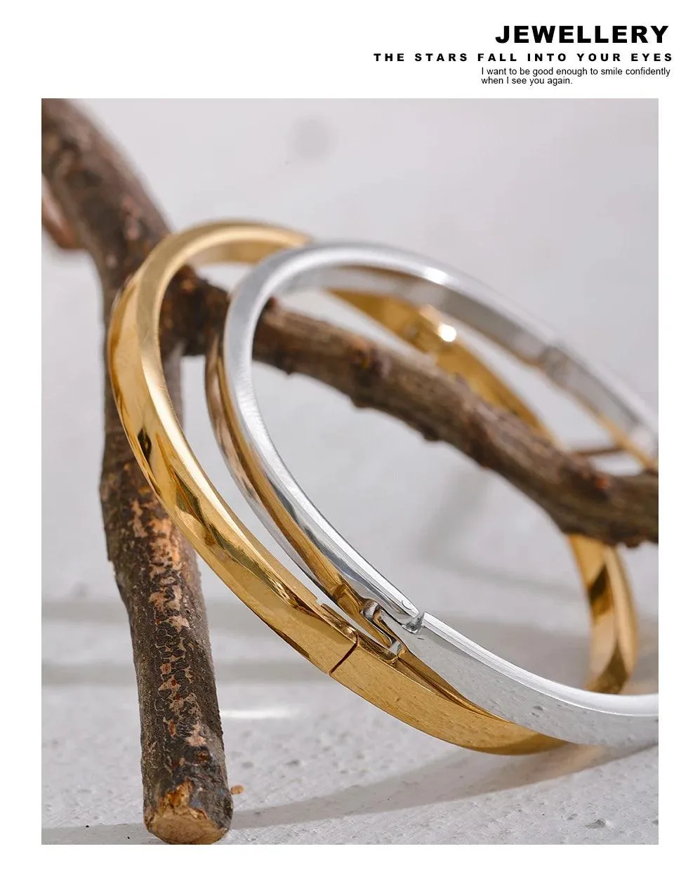 Minimalist 18k Gold Colour Texture Charm 60mm Waterproof 316L Stainless Steel Round Smooth Bracelet Bangles for Women