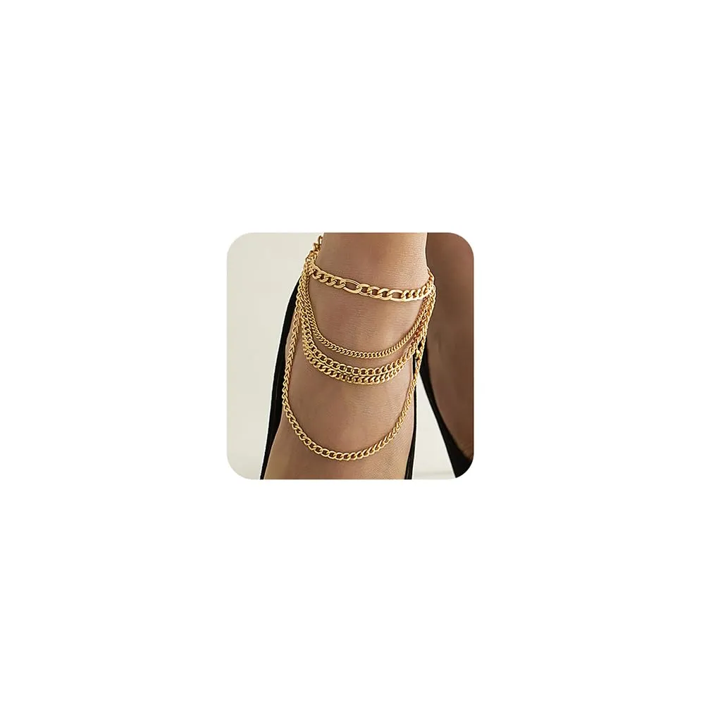 Missgrace 2Pcs Boho Dainty Simple Silver Chain Layered Anklet Summer Beach Anklet Gift for Women (Gold)