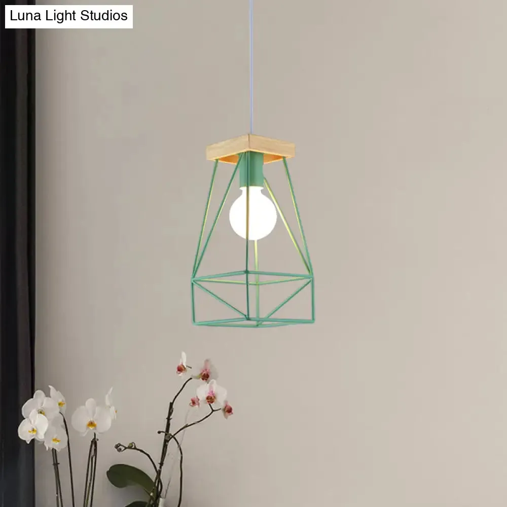 Modern Nordic Pendant Light - Metal Cage Shade, 1 Head Ceiling Fixture in Black/Blue