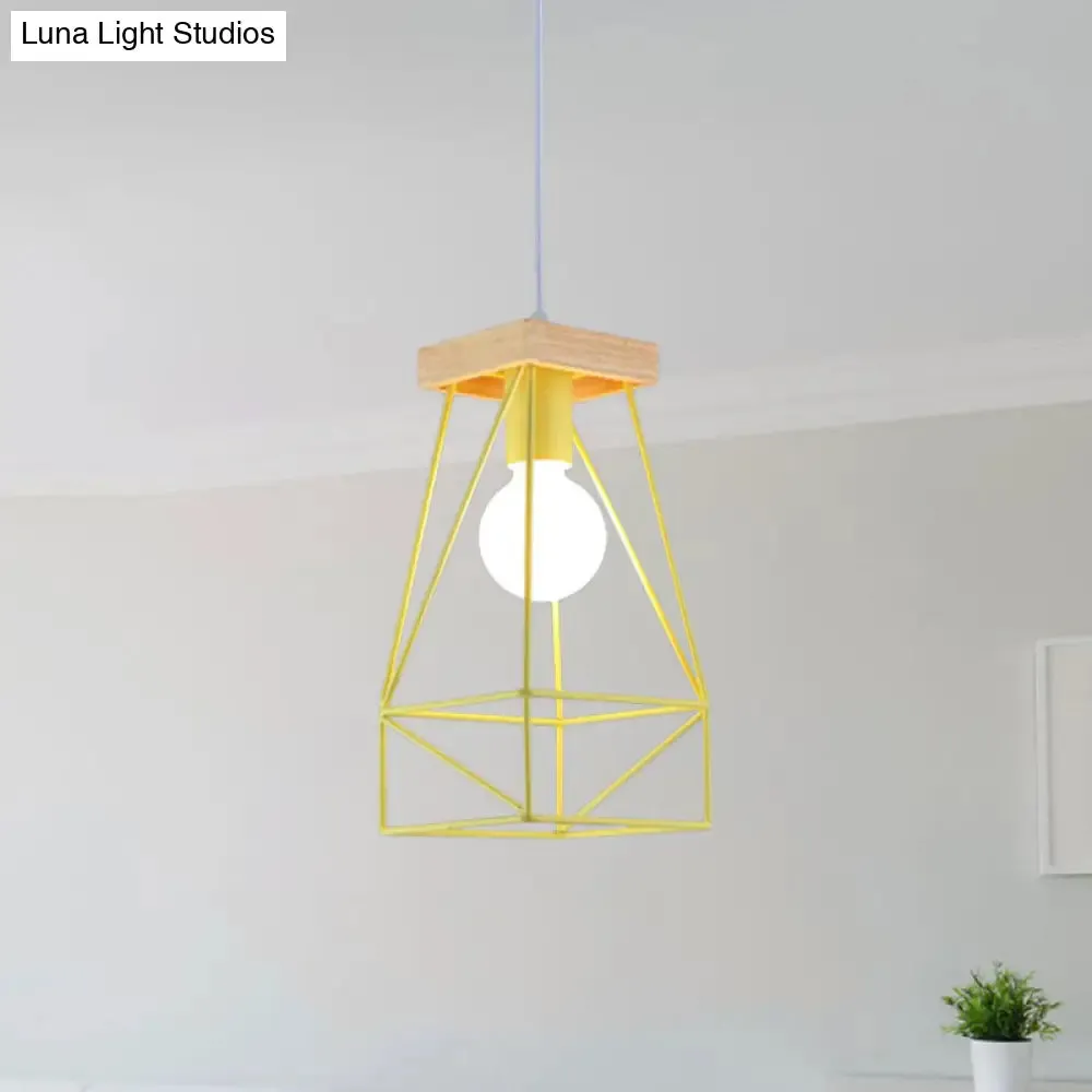 Modern Nordic Pendant Light - Metal Cage Shade, 1 Head Ceiling Fixture in Black/Blue