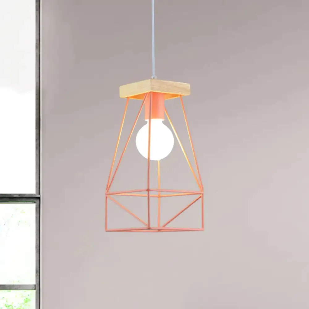 Modern Nordic Pendant Light - Metal Cage Shade, 1 Head Ceiling Fixture in Black/Blue