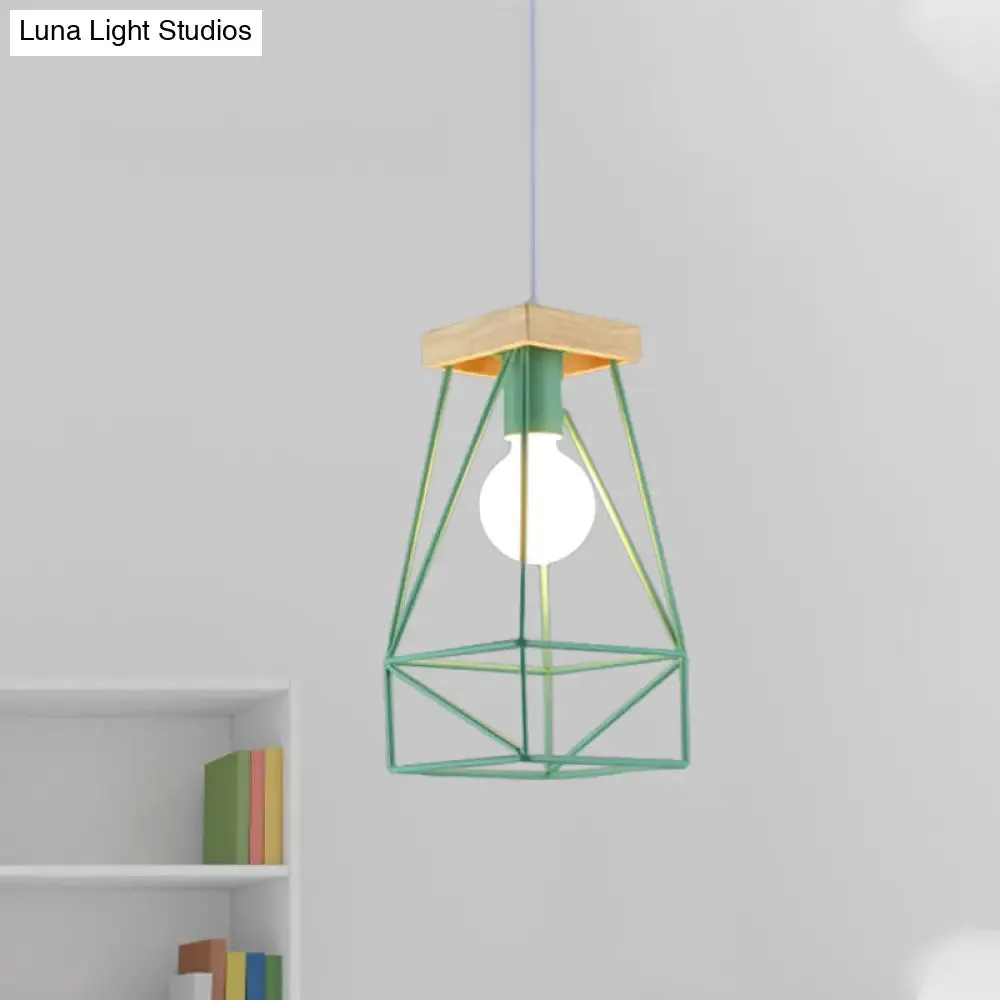 Modern Nordic Pendant Light - Metal Cage Shade, 1 Head Ceiling Fixture in Black/Blue