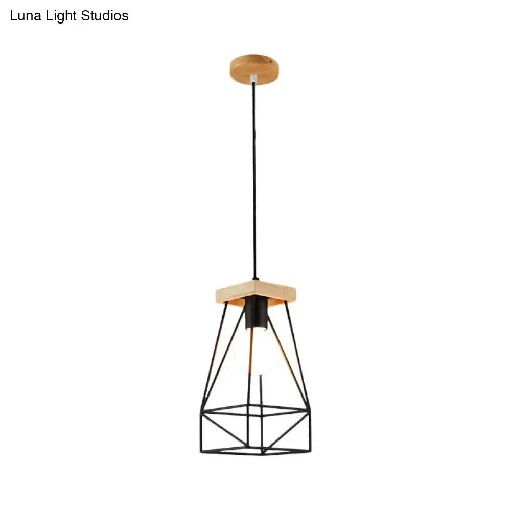 Modern Nordic Pendant Light - Metal Cage Shade, 1 Head Ceiling Fixture in Black/Blue