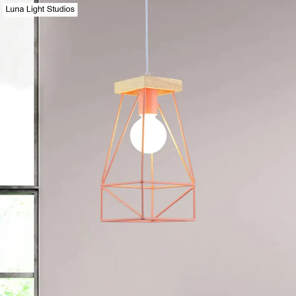 Modern Nordic Pendant Light - Metal Cage Shade, 1 Head Ceiling Fixture in Black/Blue