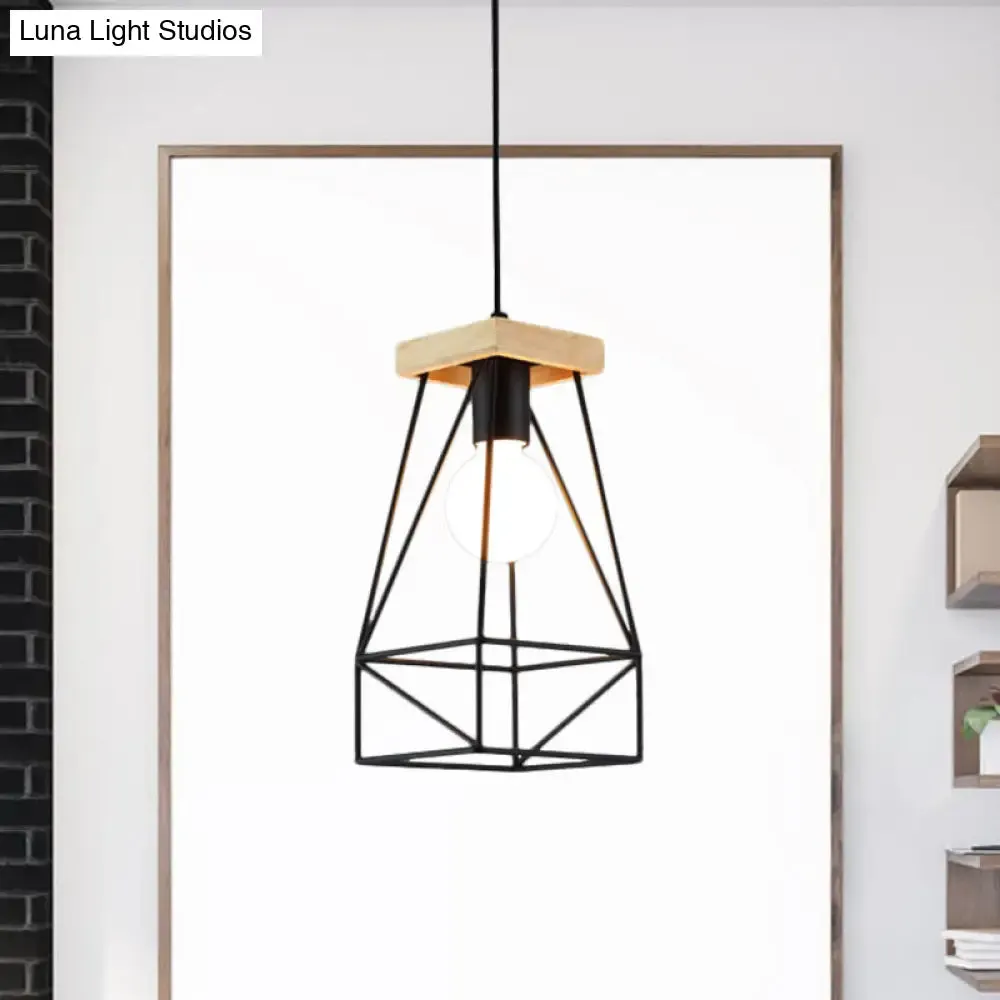 Modern Nordic Pendant Light - Metal Cage Shade, 1 Head Ceiling Fixture in Black/Blue