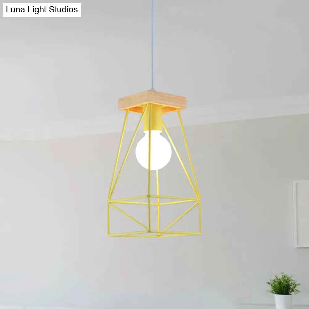 Modern Nordic Pendant Light - Metal Cage Shade, 1 Head Ceiling Fixture in Black/Blue