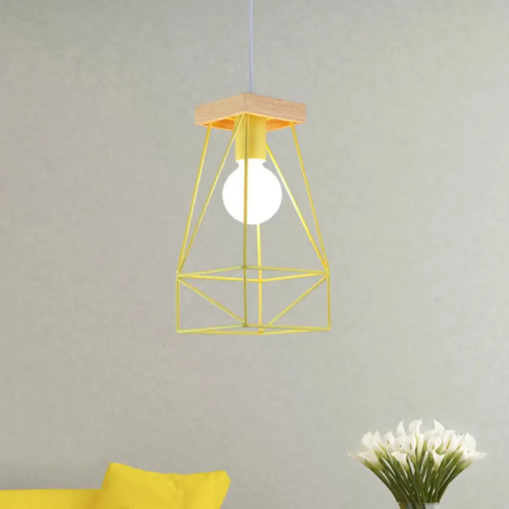 Modern Nordic Pendant Light - Metal Cage Shade, 1 Head Ceiling Fixture in Black/Blue