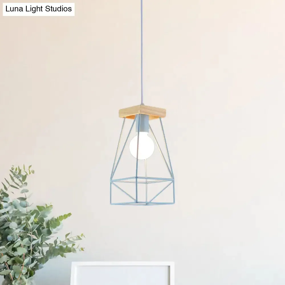 Modern Nordic Pendant Light - Metal Cage Shade, 1 Head Ceiling Fixture in Black/Blue