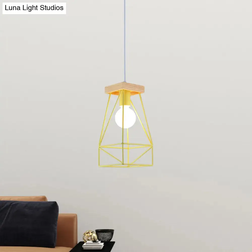 Modern Nordic Pendant Light - Metal Cage Shade, 1 Head Ceiling Fixture in Black/Blue
