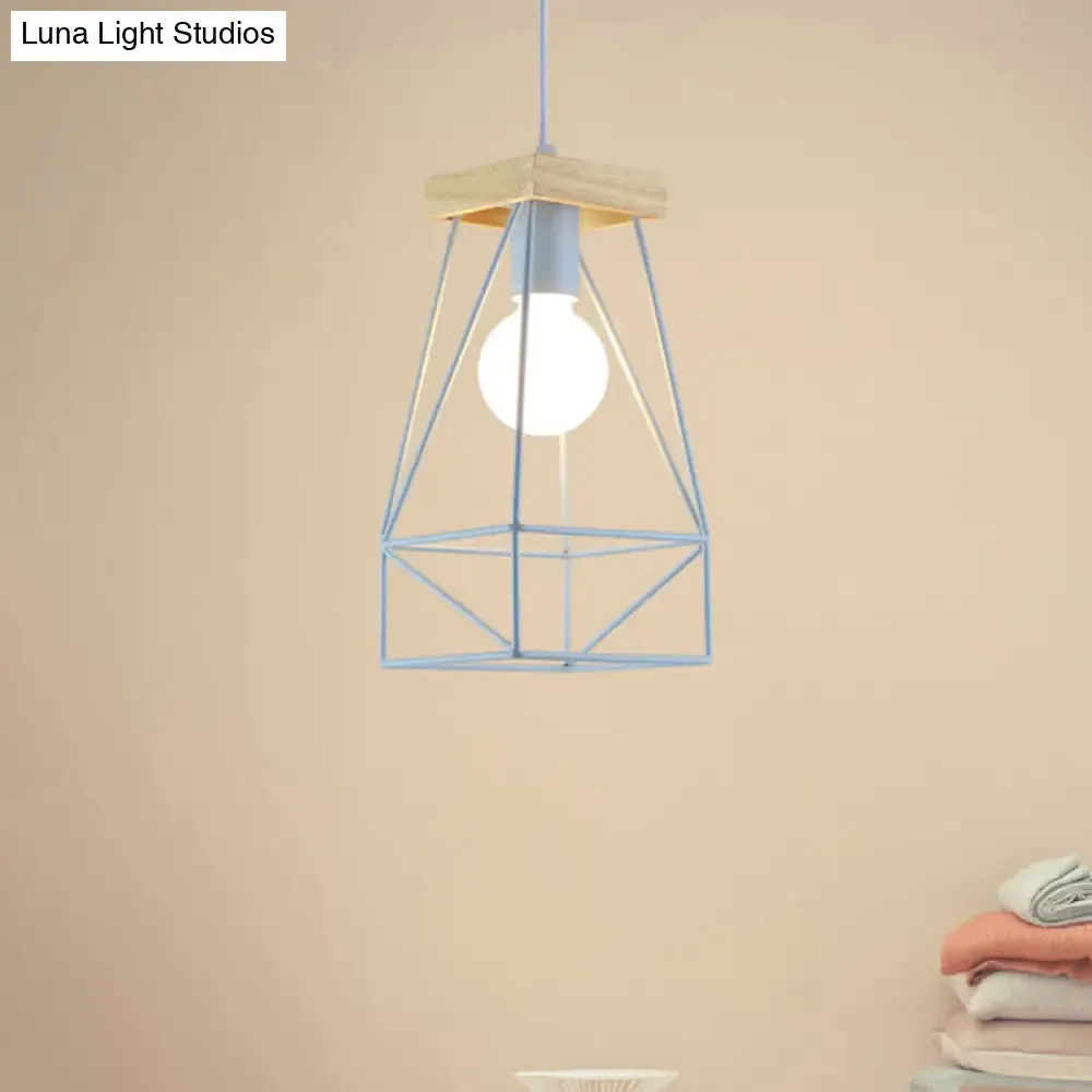 Modern Nordic Pendant Light - Metal Cage Shade, 1 Head Ceiling Fixture in Black/Blue