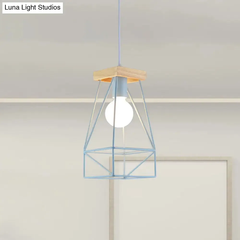 Modern Nordic Pendant Light - Metal Cage Shade, 1 Head Ceiling Fixture in Black/Blue