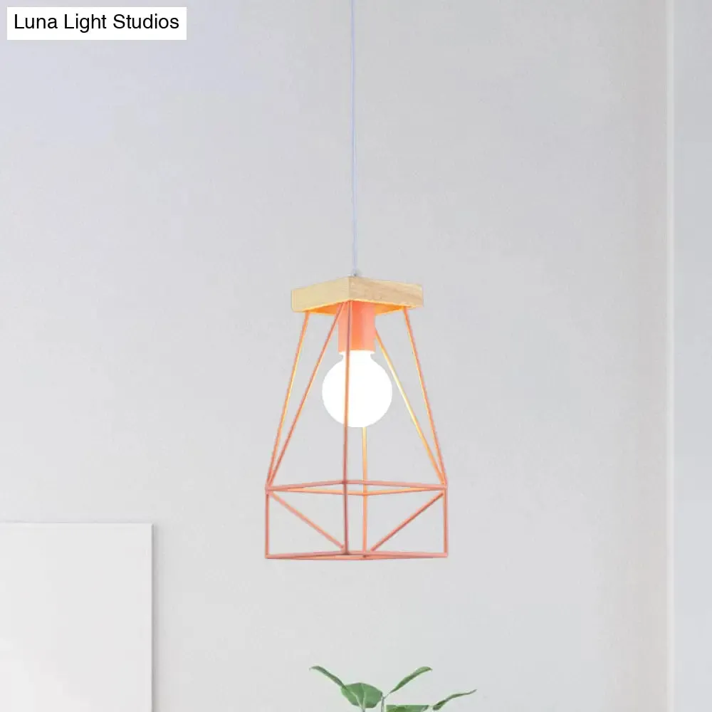 Modern Nordic Pendant Light - Metal Cage Shade, 1 Head Ceiling Fixture in Black/Blue