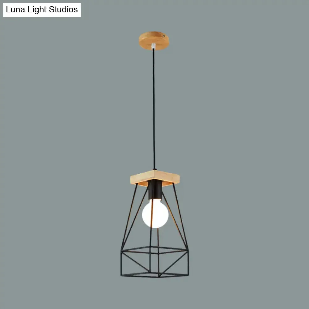 Modern Nordic Pendant Light - Metal Cage Shade, 1 Head Ceiling Fixture in Black/Blue