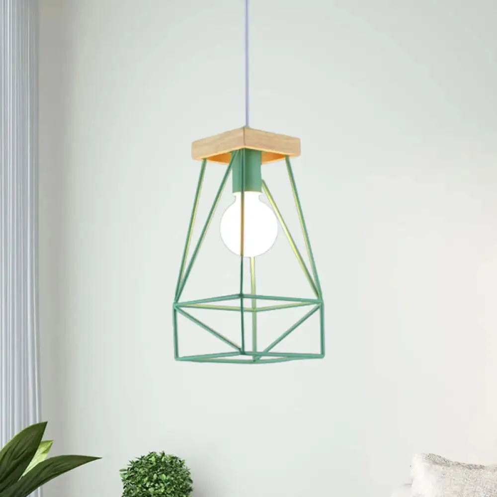 Modern Nordic Pendant Light - Metal Cage Shade, 1 Head Ceiling Fixture in Black/Blue