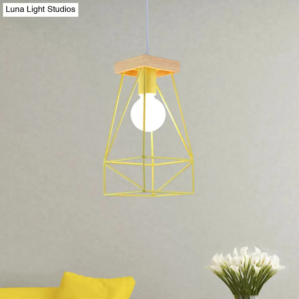 Modern Nordic Pendant Light - Metal Cage Shade, 1 Head Ceiling Fixture in Black/Blue