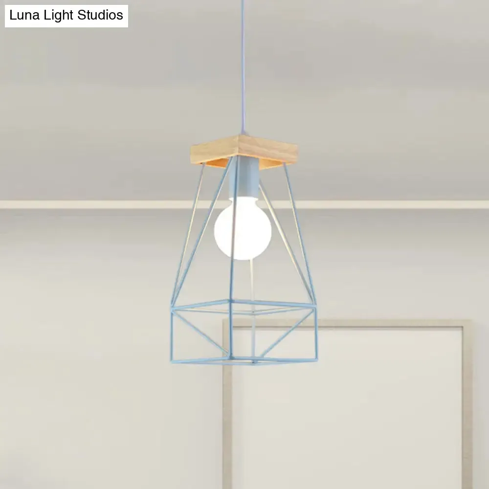 Modern Nordic Pendant Light - Metal Cage Shade, 1 Head Ceiling Fixture in Black/Blue