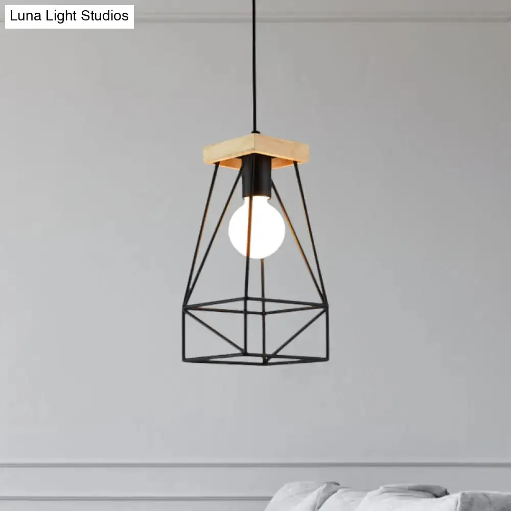 Modern Nordic Pendant Light - Metal Cage Shade, 1 Head Ceiling Fixture in Black/Blue