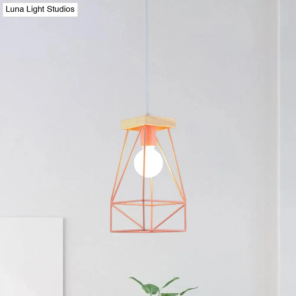 Modern Nordic Pendant Light - Metal Cage Shade, 1 Head Ceiling Fixture in Black/Blue