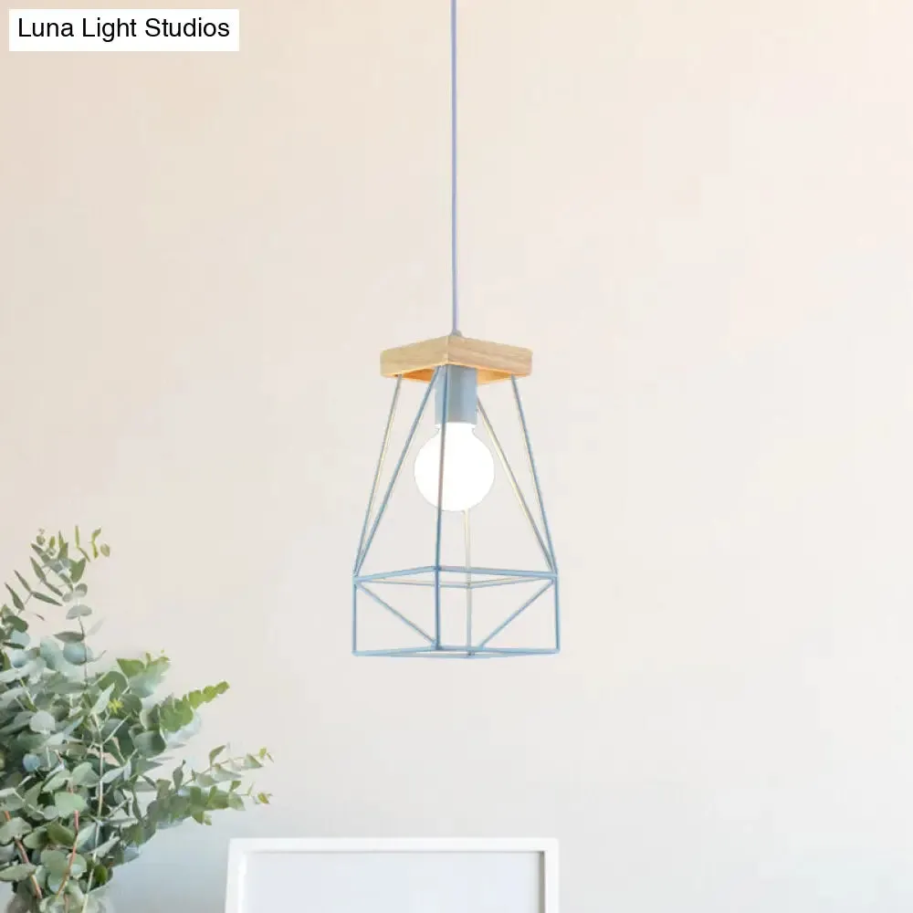 Modern Nordic Pendant Light - Metal Cage Shade, 1 Head Ceiling Fixture in Black/Blue
