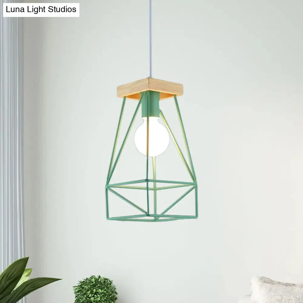 Modern Nordic Pendant Light - Metal Cage Shade, 1 Head Ceiling Fixture in Black/Blue