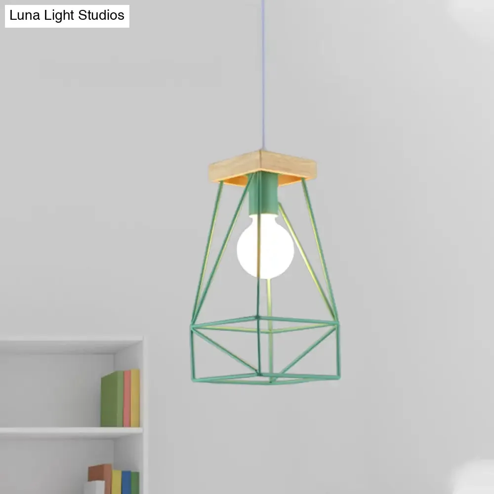 Modern Nordic Pendant Light - Metal Cage Shade, 1 Head Ceiling Fixture in Black/Blue