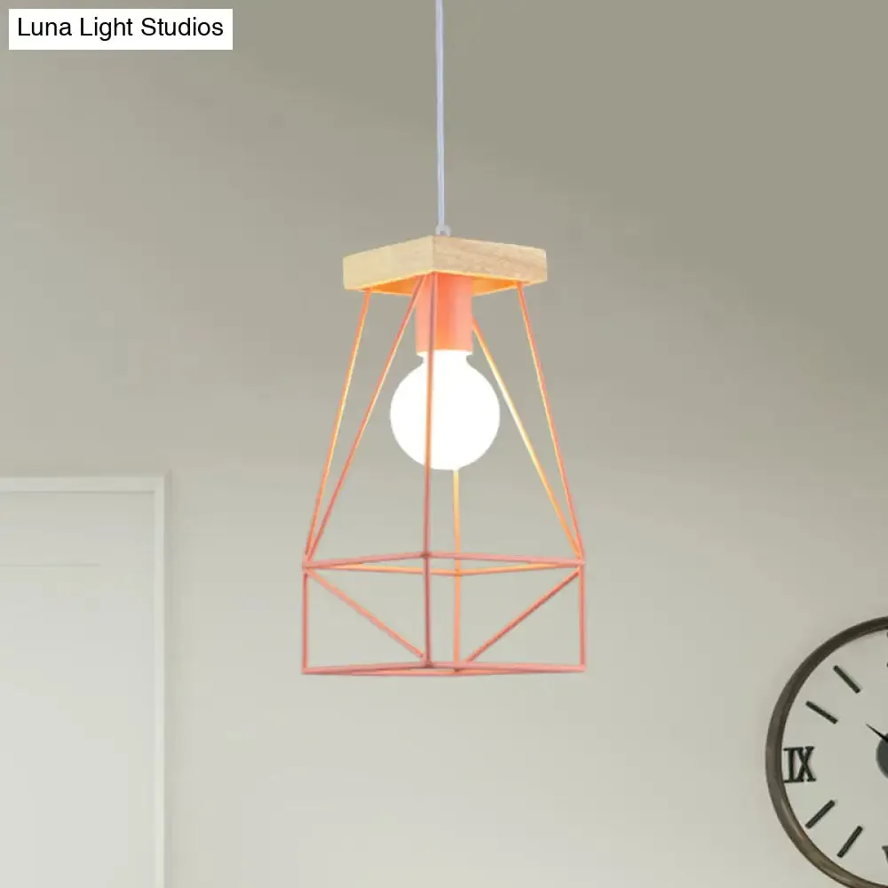 Modern Nordic Pendant Light - Metal Cage Shade, 1 Head Ceiling Fixture in Black/Blue