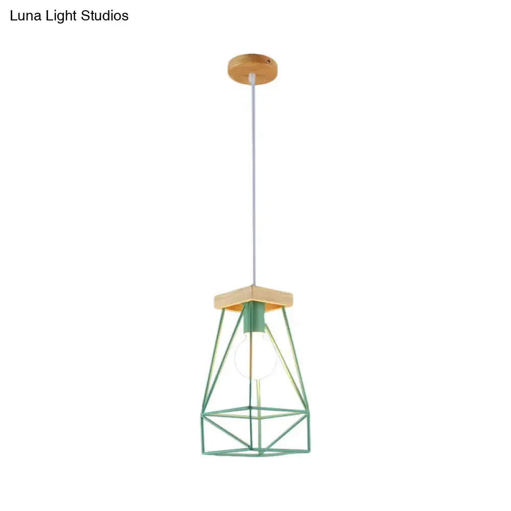 Modern Nordic Pendant Light - Metal Cage Shade, 1 Head Ceiling Fixture in Black/Blue