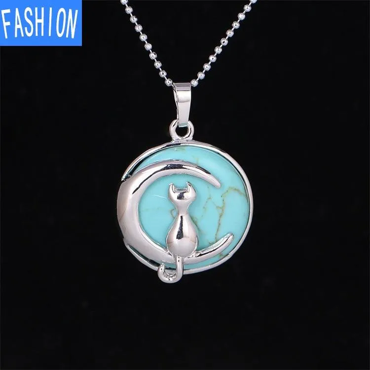 Natural crystal Simple Temperament Lovely Moon Cat Pendant Necklace