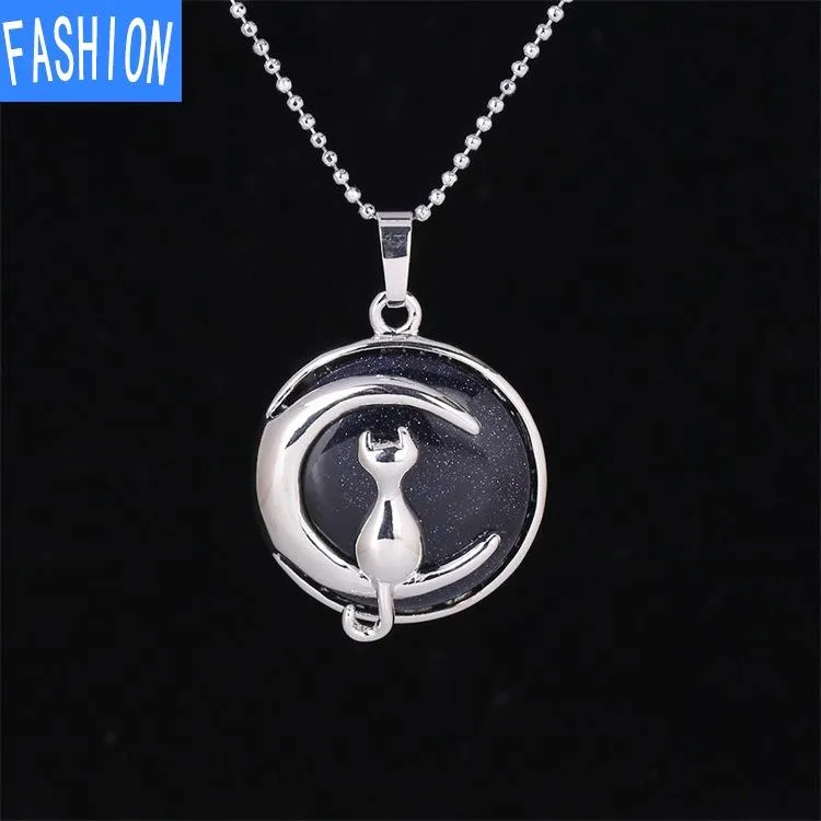 Natural crystal Simple Temperament Lovely Moon Cat Pendant Necklace