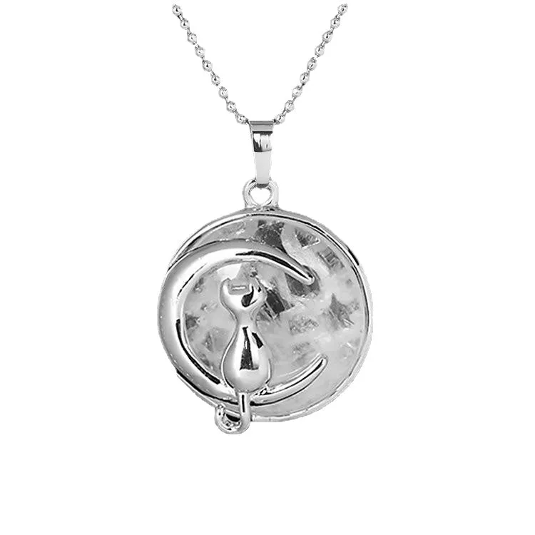 Natural crystal Simple Temperament Lovely Moon Cat Pendant Necklace