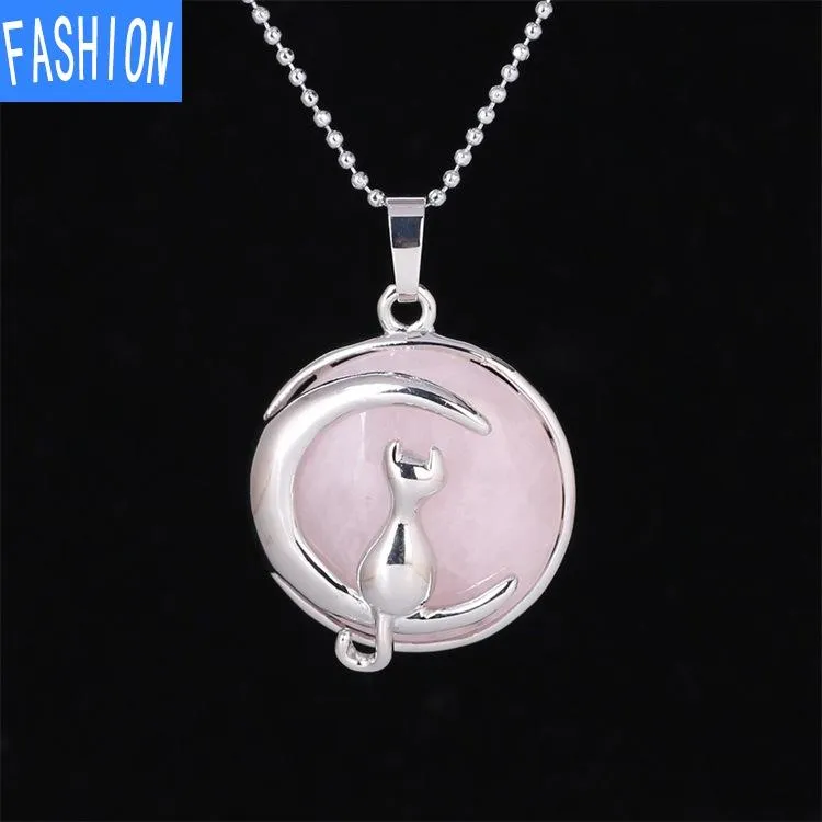 Natural crystal Simple Temperament Lovely Moon Cat Pendant Necklace