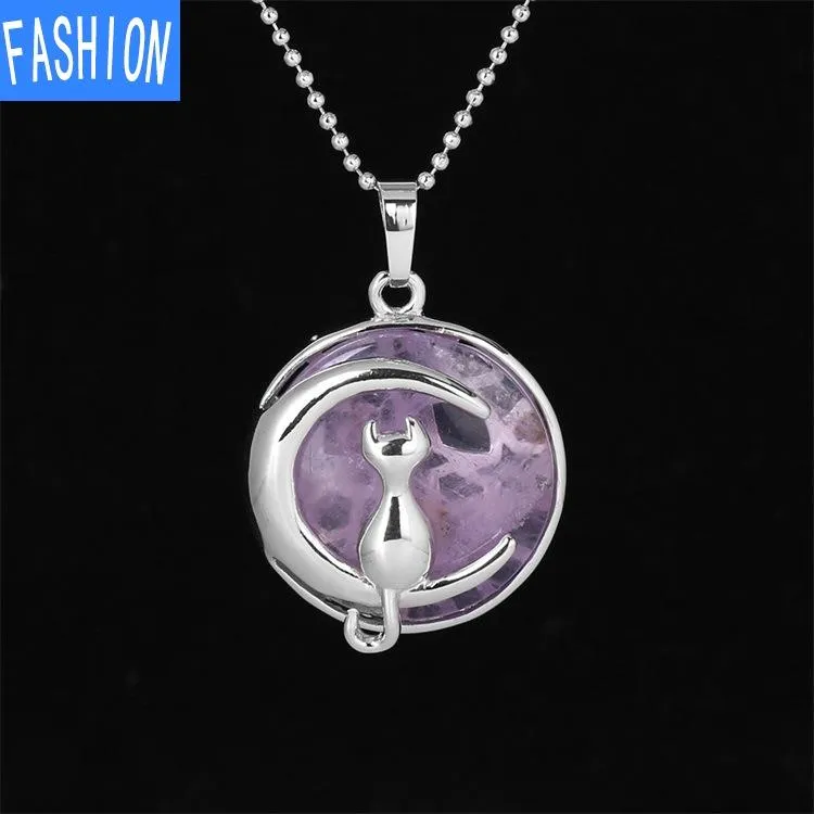 Natural crystal Simple Temperament Lovely Moon Cat Pendant Necklace