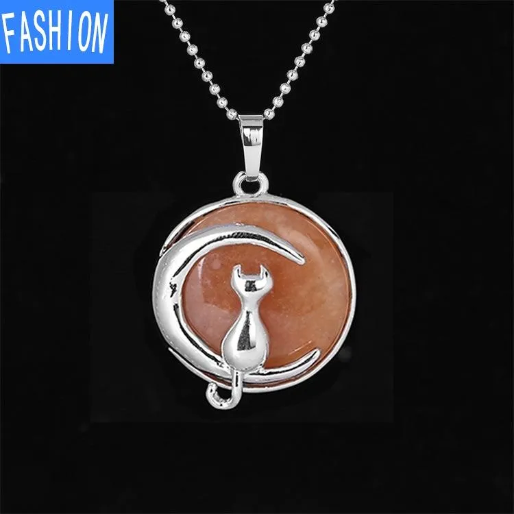 Natural crystal Simple Temperament Lovely Moon Cat Pendant Necklace