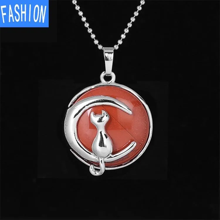 Natural crystal Simple Temperament Lovely Moon Cat Pendant Necklace