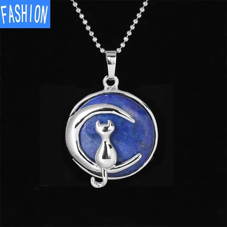 Natural crystal Simple Temperament Lovely Moon Cat Pendant Necklace