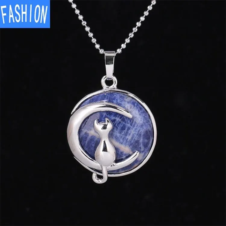 Natural crystal Simple Temperament Lovely Moon Cat Pendant Necklace