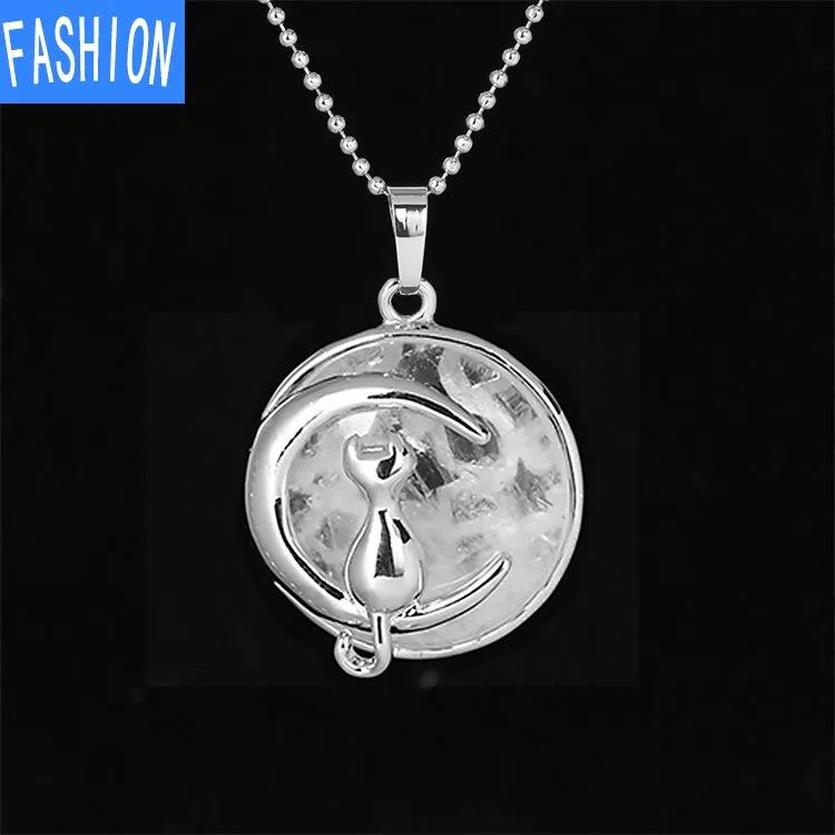 Natural crystal Simple Temperament Lovely Moon Cat Pendant Necklace