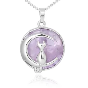 Natural crystal Simple Temperament Lovely Moon Cat Pendant Necklace