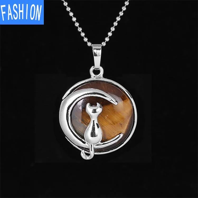 Natural crystal Simple Temperament Lovely Moon Cat Pendant Necklace