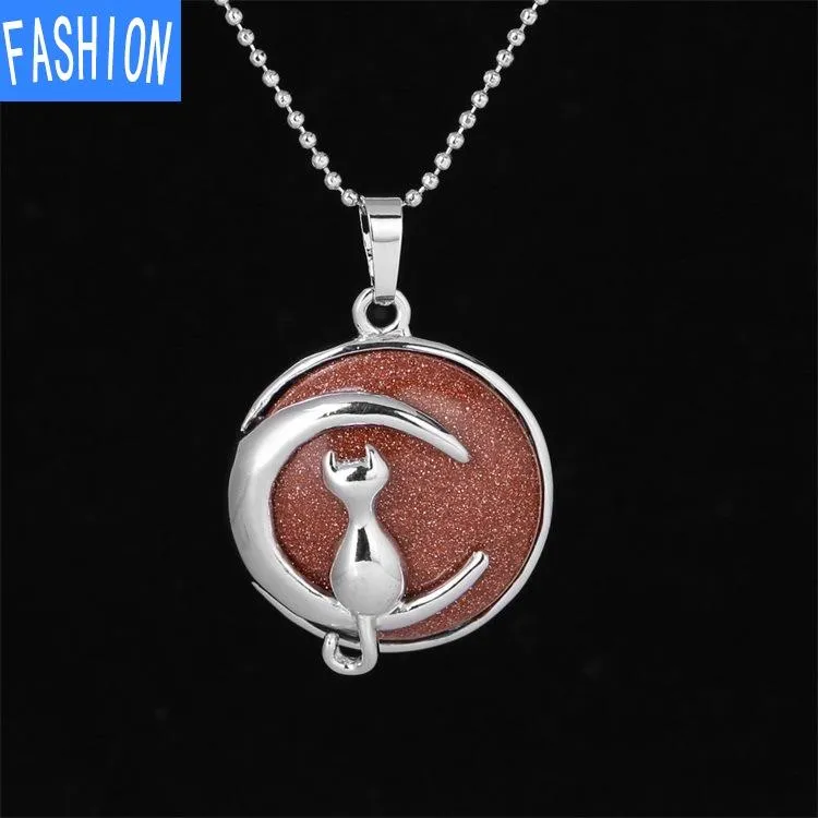 Natural crystal Simple Temperament Lovely Moon Cat Pendant Necklace