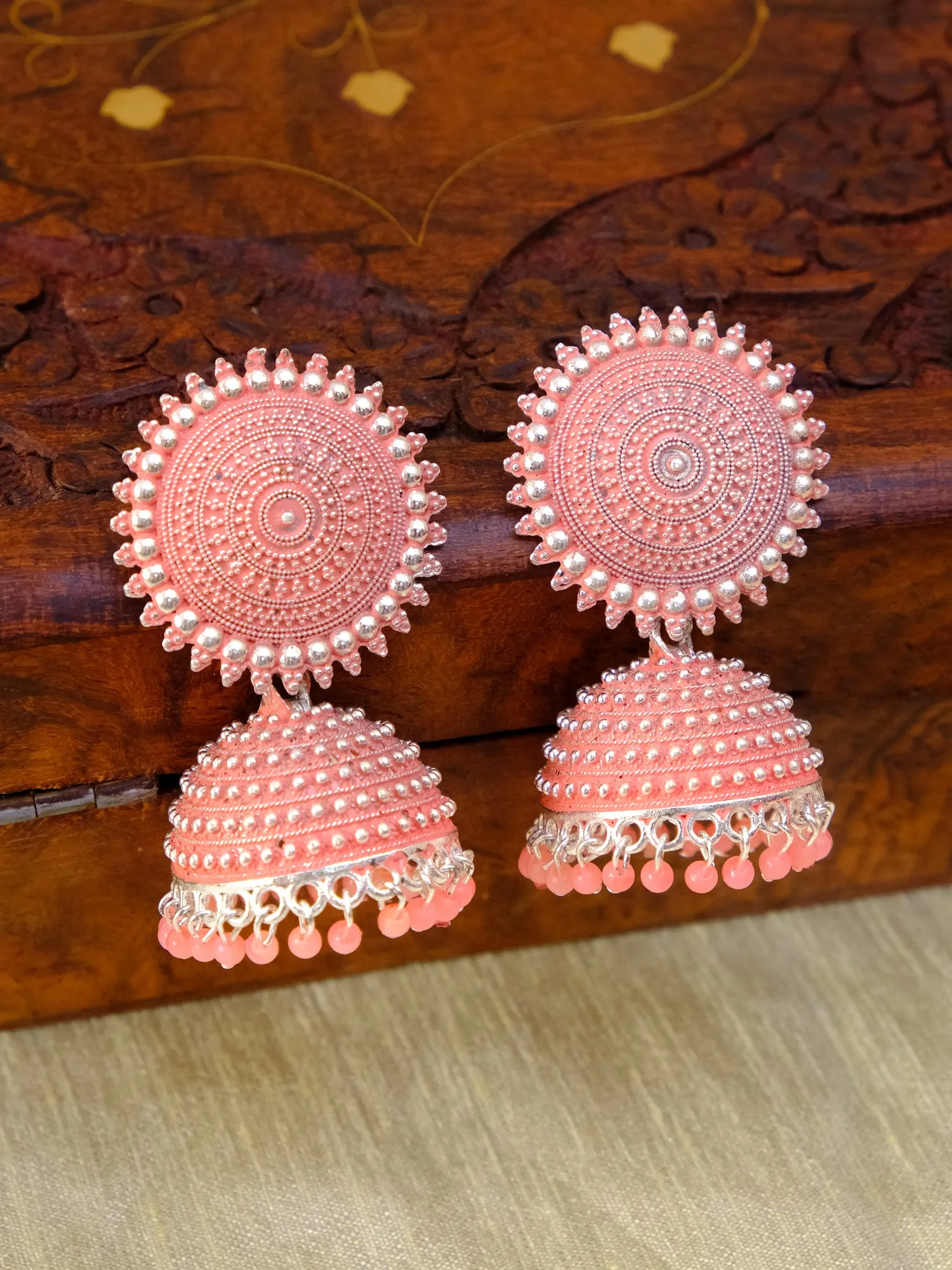 New Design Oxidized German Silver Pink Jhumka Earrings for Women and Girls