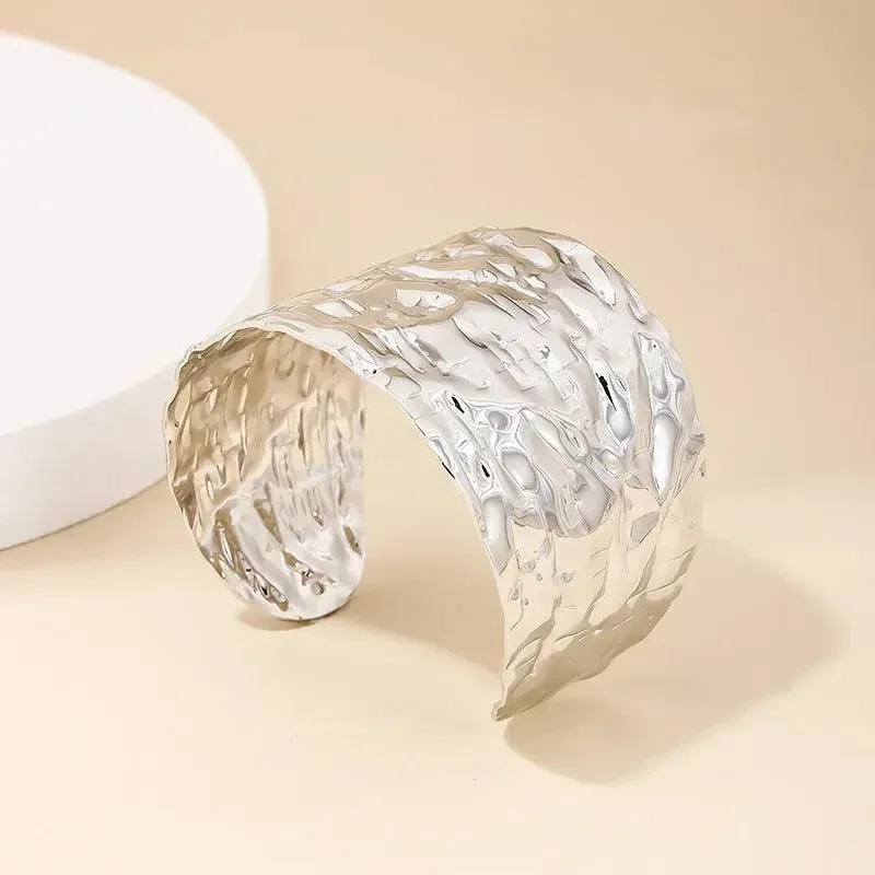 New Pleated Metal Cuff Wide Edition Exaggerated Irregular Bangles Bracelet For Women - Party Fashion Jewellery